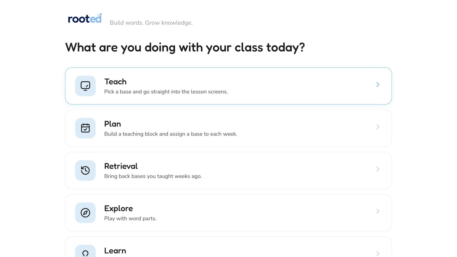 The Rooted menu with Teach, Plan, Retrieval, Explore and Learn