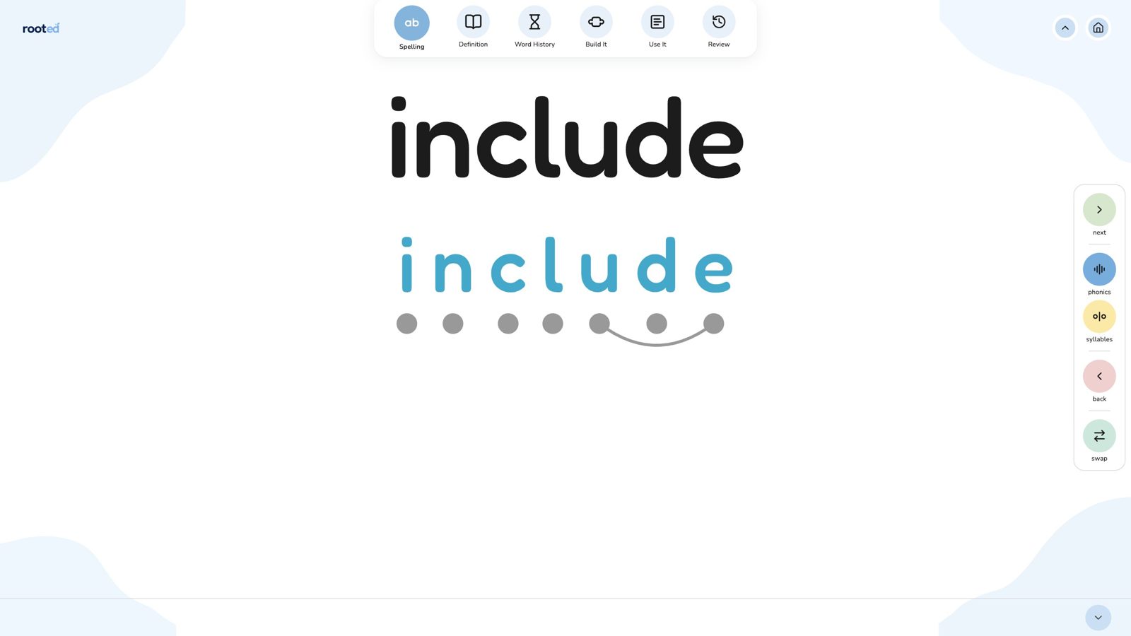 Spelling screen: include split into its sounds, with a dot under each sound and an arc joining the split digraph u–e