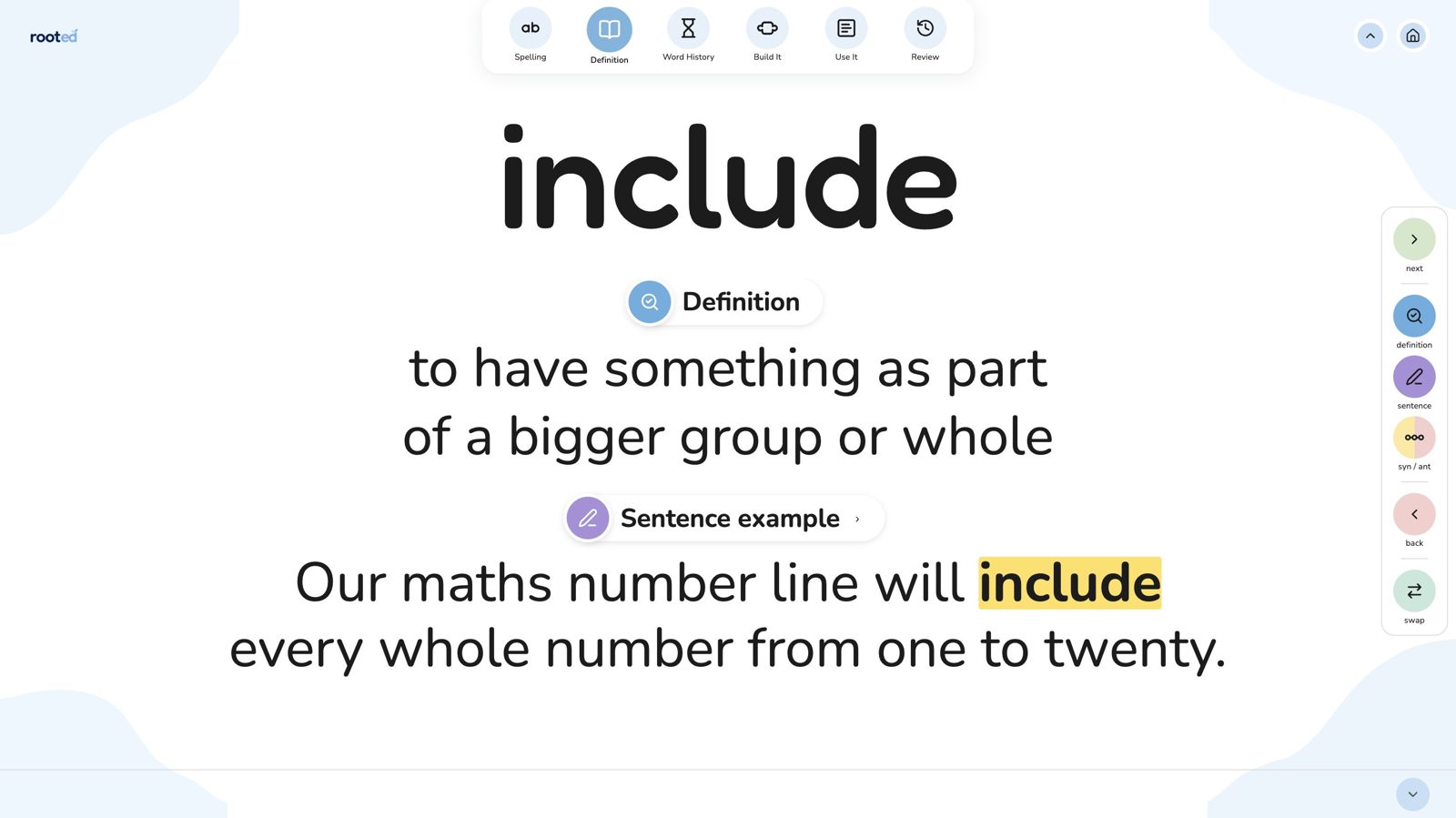 Definition screen: include means to have something as part of a bigger group or whole, with an example sentence about a maths number line