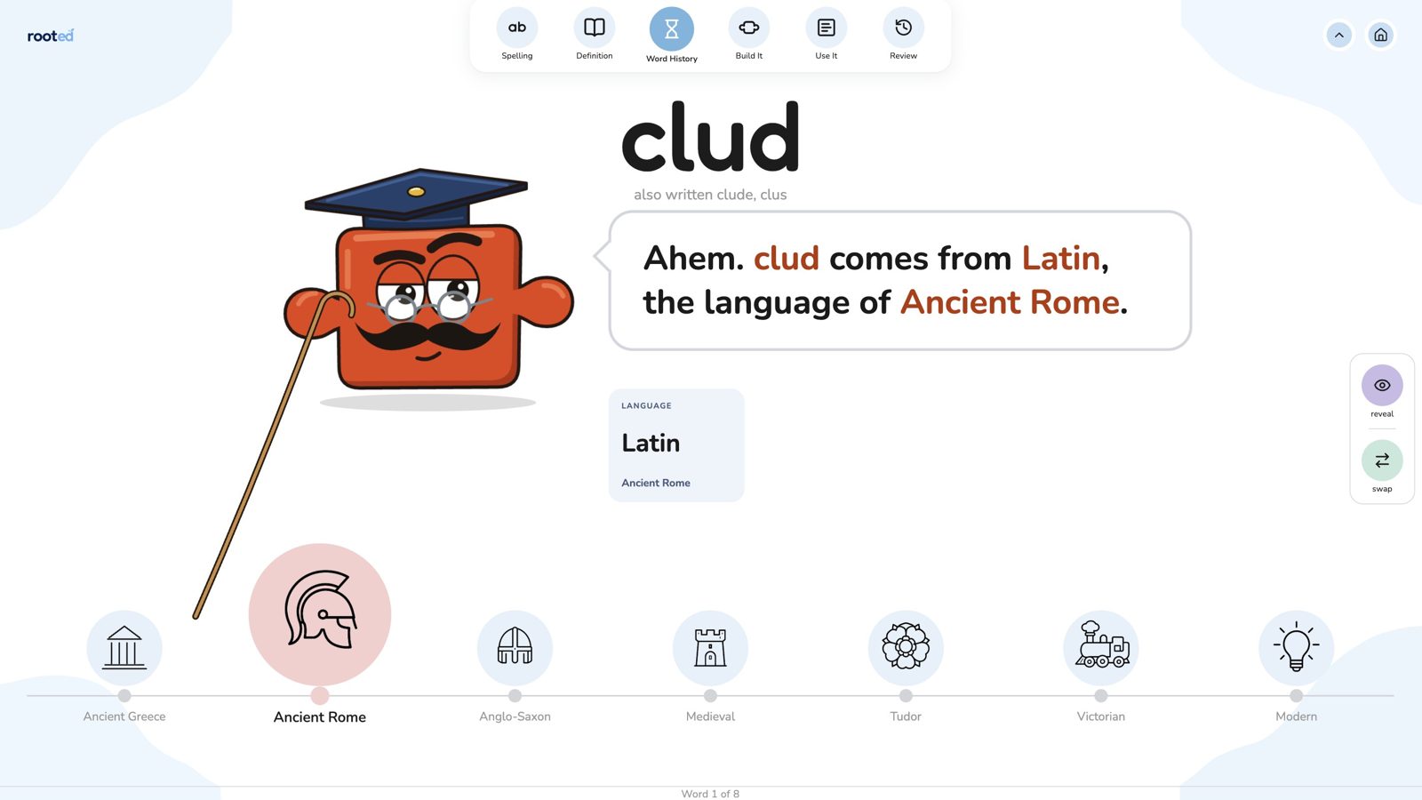 Word History screen: Proff explains that clud comes from Latin, the language of Ancient Rome, above a timeline