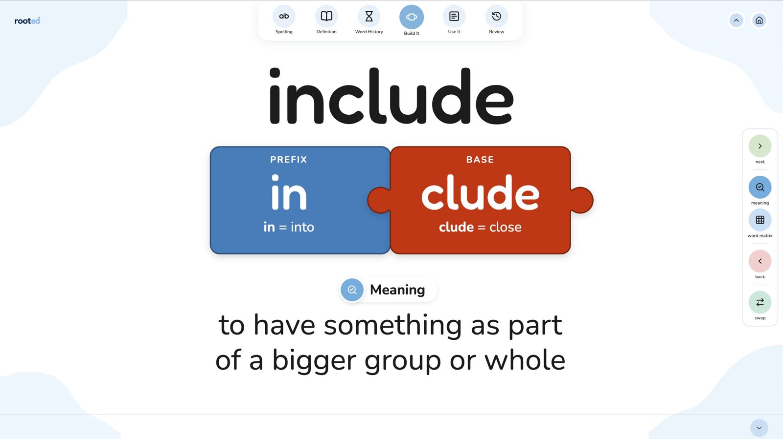 Build It screen: include split into the prefix in (into) and the base clude (close) as jigsaw tiles, with its meaning